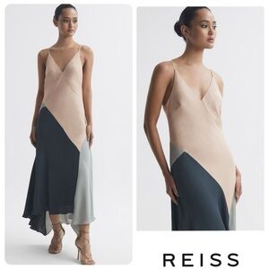 REISS Hudson Spliced Color Blocked MIDI Slip Dress Size 2 Asymmetrical Hem